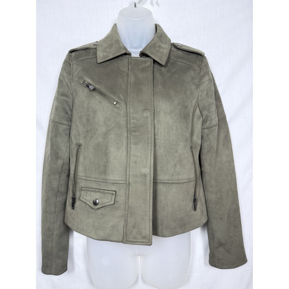 Banana Republic Moto Jacket Womens Small Green Faux Suede Zip Military